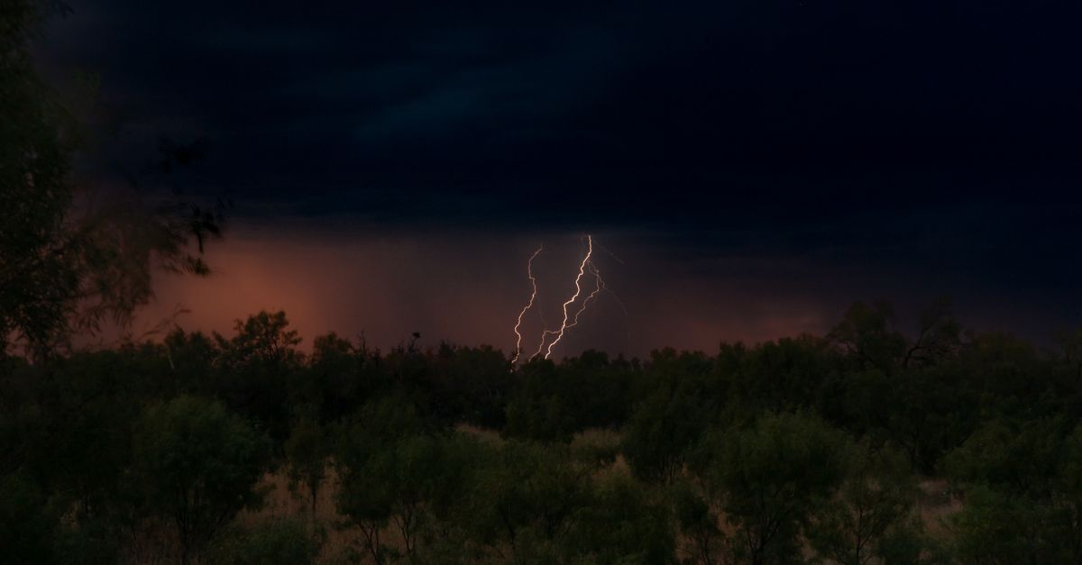 Captivating view of lightning striking during a stormy night in Grape Creek, TX forest.